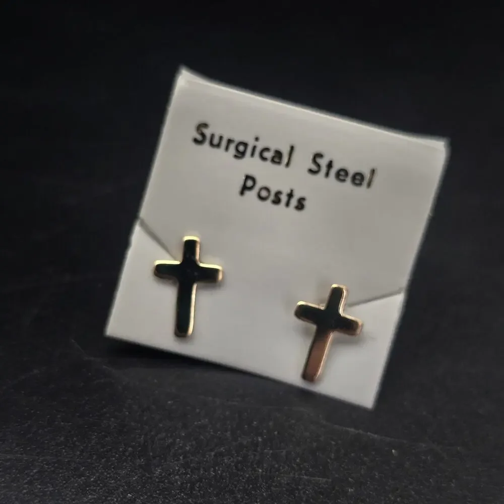 Gold Tone Cross Stud Earrings Surgical Steel Posts Religious Dainty Jewelry
